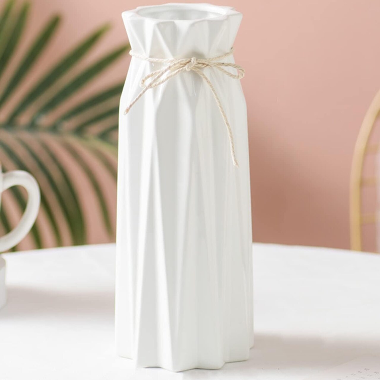 White Ceramic Flower Vase – Modern Minimalist Farmhouse Décor, 9.5" H x 3.9" W, Cute Decorative Centerpiece for Tulips, Pampas Grass & Table or Bathroom Shelf Styling